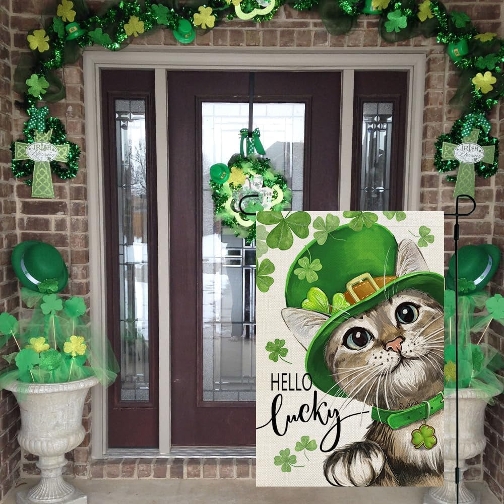 St Patricks Day Cat Garden Flag Hello Lucky 12X18 Inch Double Sided for outside Small Burlap Shamrock Clovers Holiday Yard Decoration