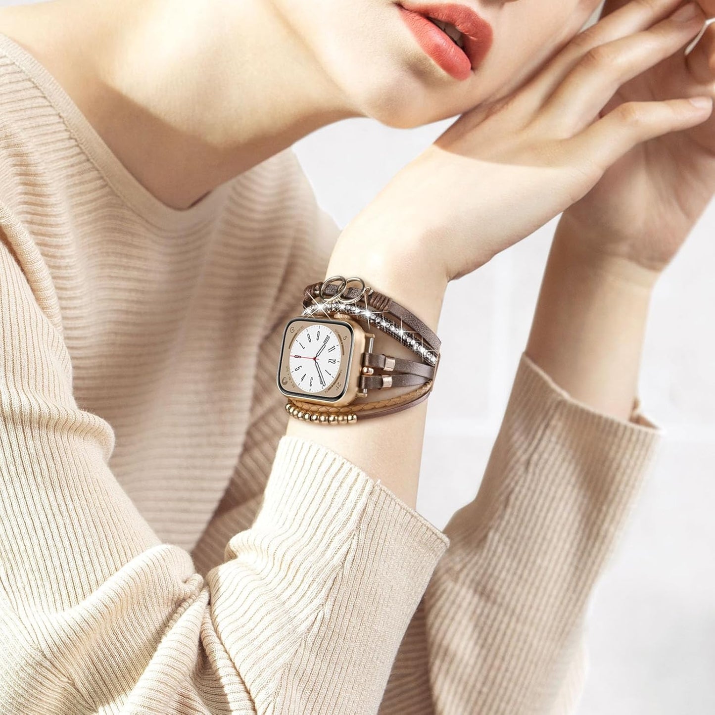 Boho Leather Bracelet Compatible with Apple Watch Band 38Mm 40Mm 41Mm Women, Handmade Multilayer Wrap Beaded Jewelry Apple Watch Strap for Iwatch Series 9 8 7 6 5 4 3 2 1 Brown