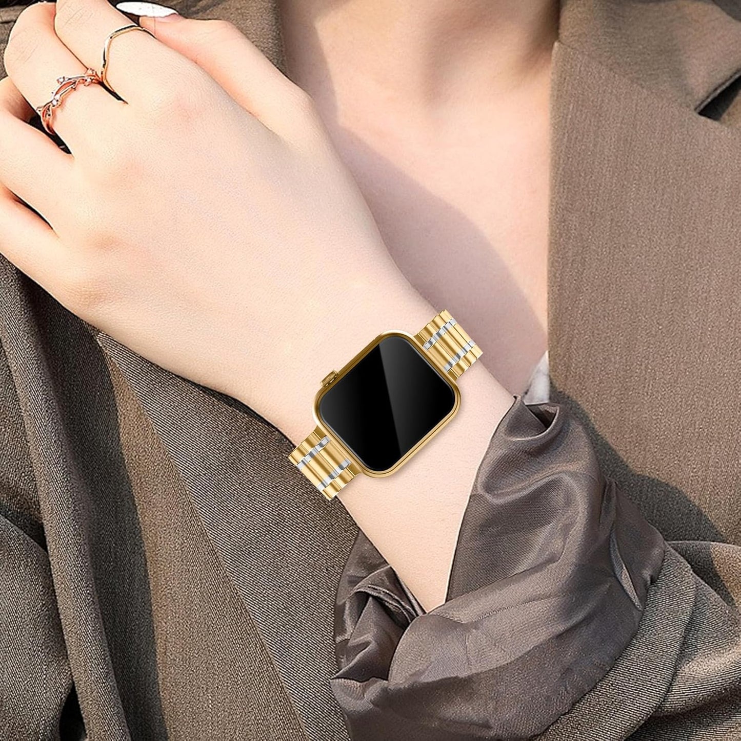 Solid Stainless Steel Band Compatible with Apple Watch 38Mm 40Mm 41Mm 42Mm 44Mm 45Mm, Metal Wristband Strap with Screen Protector Case for Iwatch Series 9/8/7/6/5/4/3/2/1/SE Women and Men