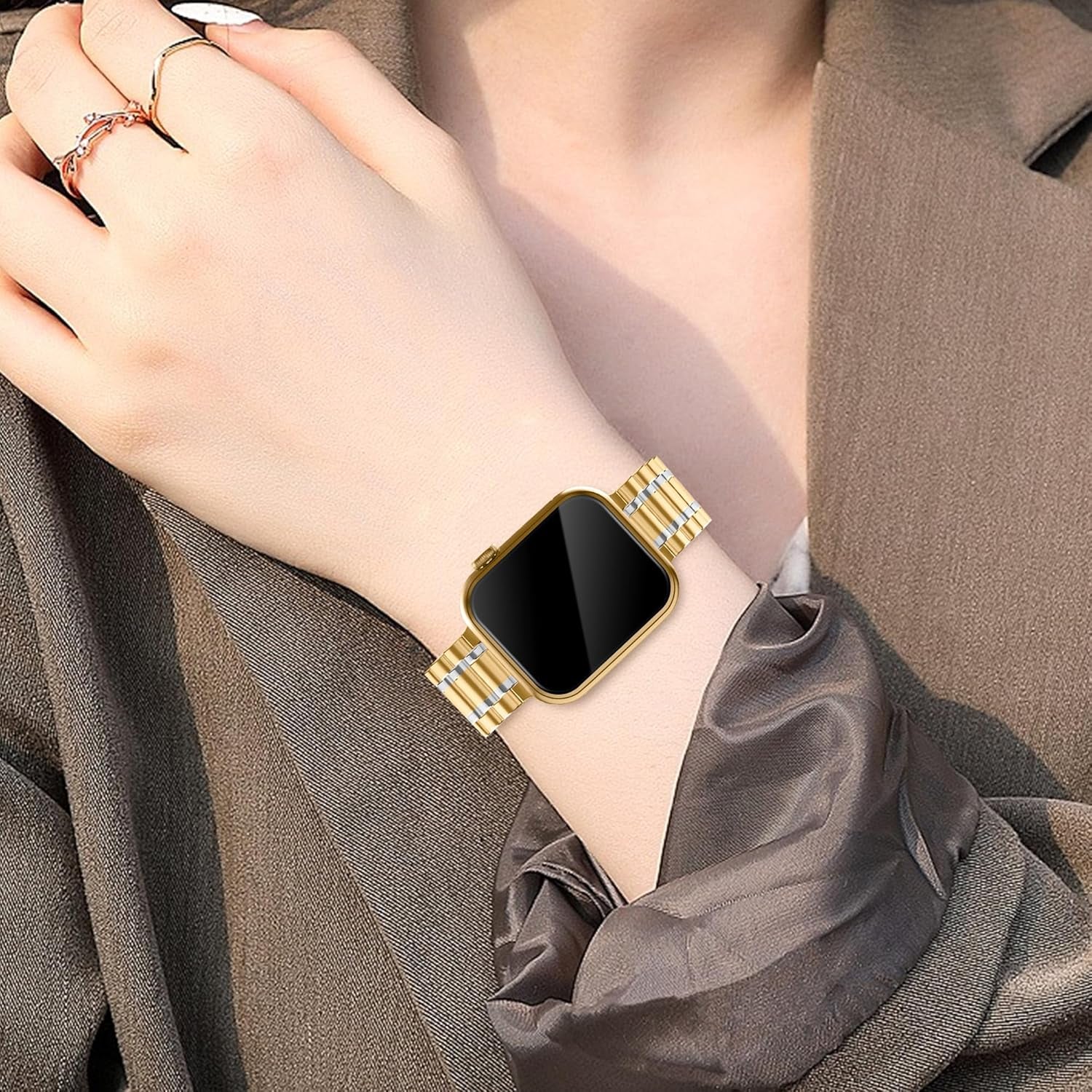 Solid Stainless Steel Band Compatible with Apple Watch 38Mm 40Mm 41Mm 42Mm 44Mm 45Mm, Metal Wristband Strap with Screen Protector Case for Iwatch Series 9/8/7/6/5/4/3/2/1/SE Women and Men