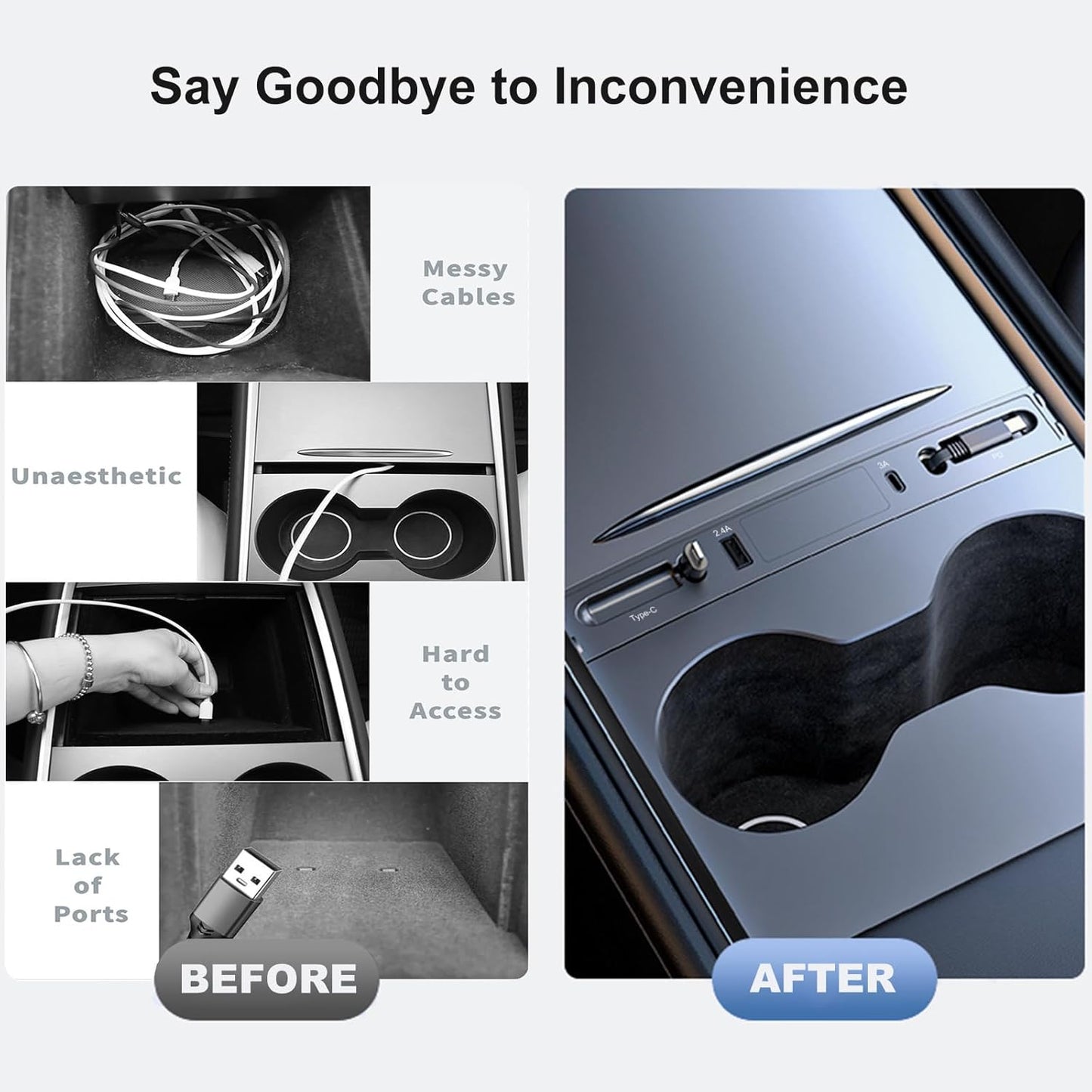 Retractable USB Hub for 2021-2024 Tesla Model Y & 2021-2023 Model 3 Center Console with Fast Charging and Built-In Charging Cables, Accessories for Tesla Model 3 and Model Y 2024 2023