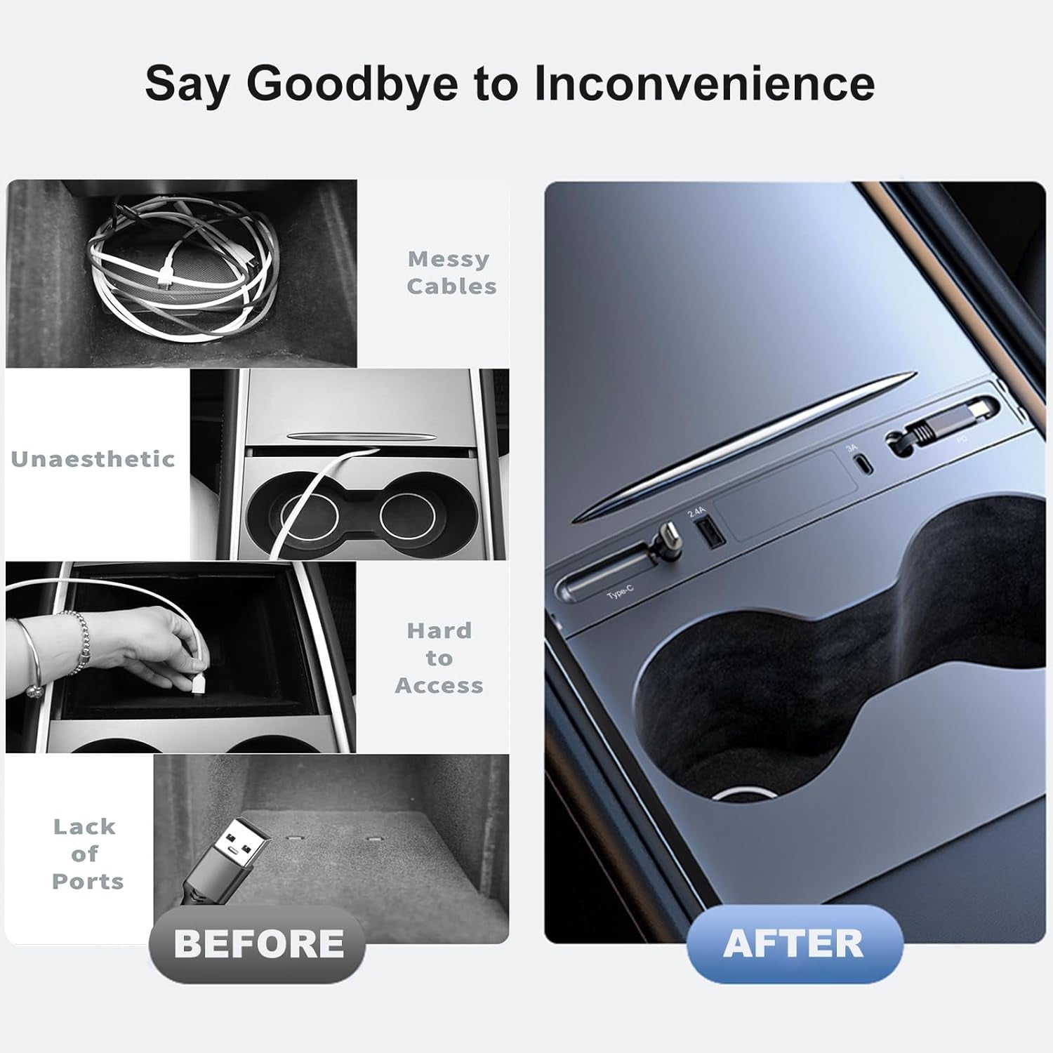 Retractable USB Hub for 2021-2024 Tesla Model Y & 2021-2023 Model 3 Center Console with Fast Charging and Built-In Charging Cables, Accessories for Tesla Model 3 and Model Y 2024 2023