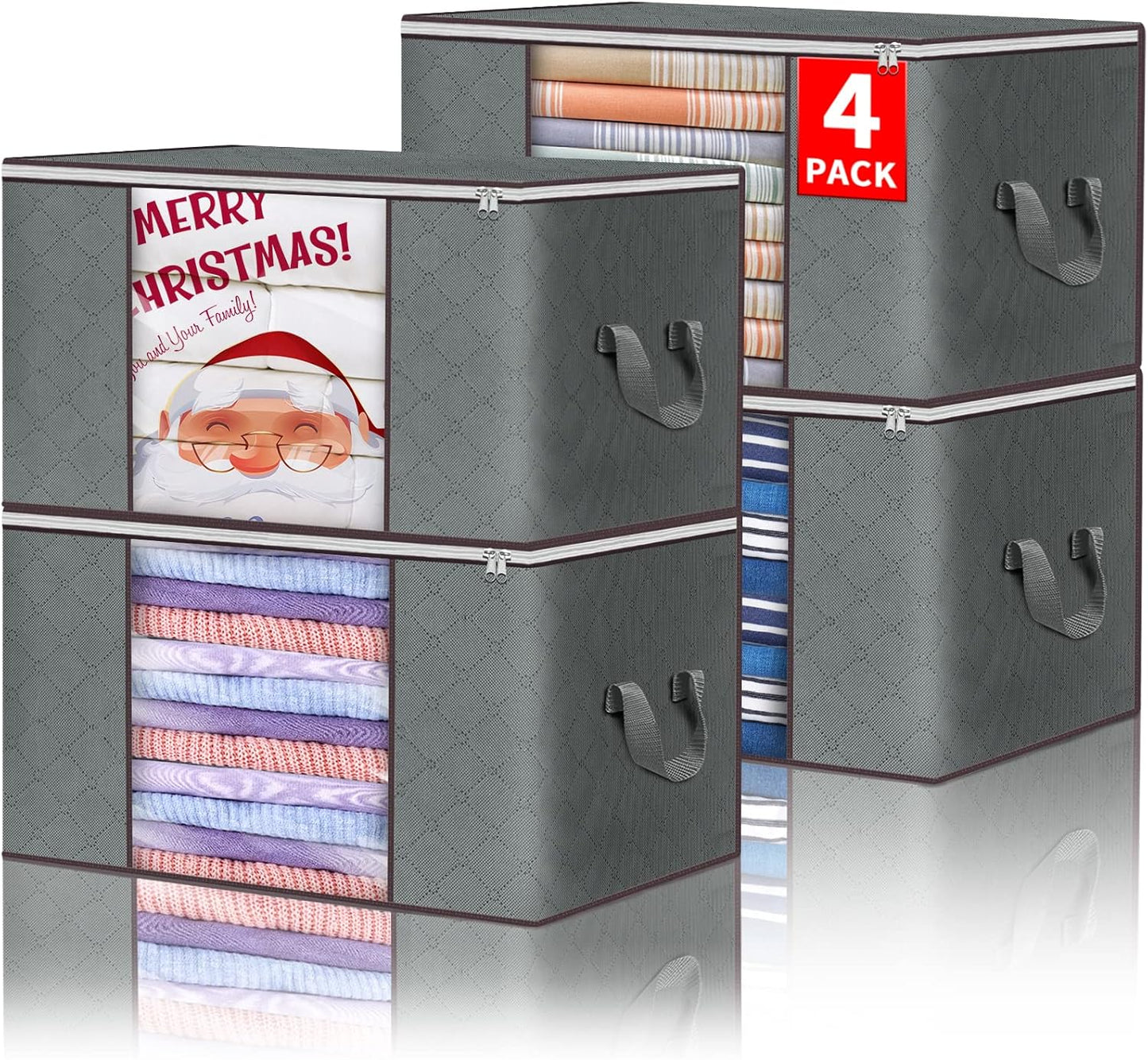 Clothes Storage, Foldable Large Storage Bags, Storage and Organization for Clothing, Blanket, Comforter, Clothes, Pillows, Toys, Closet Organizers with Enhanced Handle, 60L 6 Pack Gray