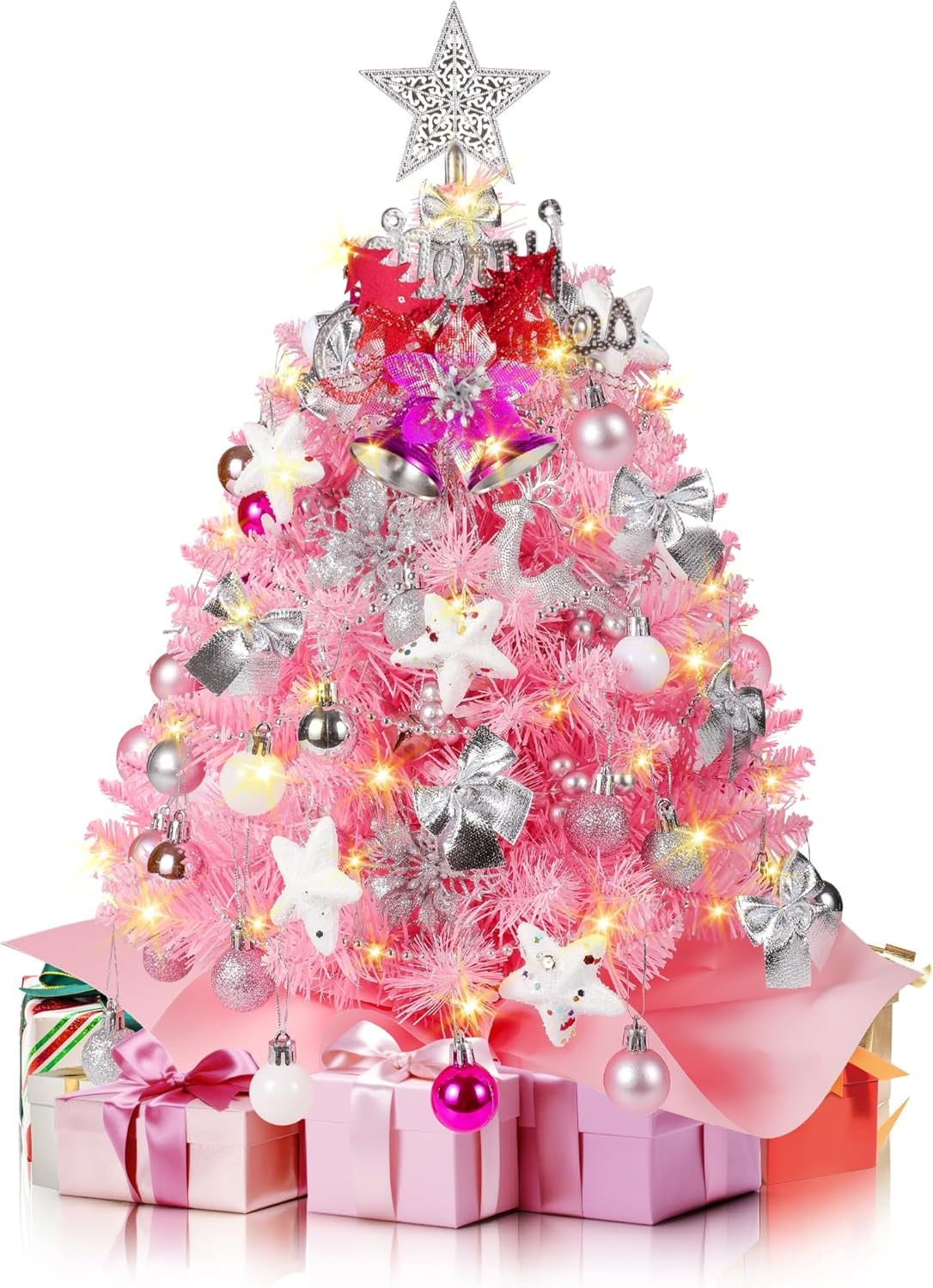 2FT Pink Christmas Tree, Mini Tabletop Christmas Tree with 60 LED Lights, Small Prelit Artificial Christmas Tree, 100 Branch Tips, 70 DIY Ornaments, Pink Christmas Decorations