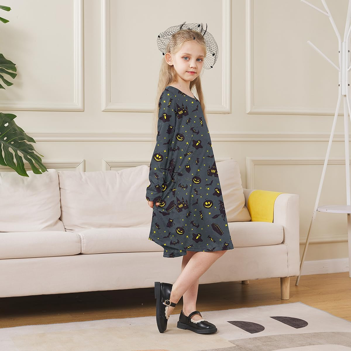 Girls Halloween Costumes Dresses for Kids Costume Dress Long Sleeve Printed Shirt Dresses with Pockets