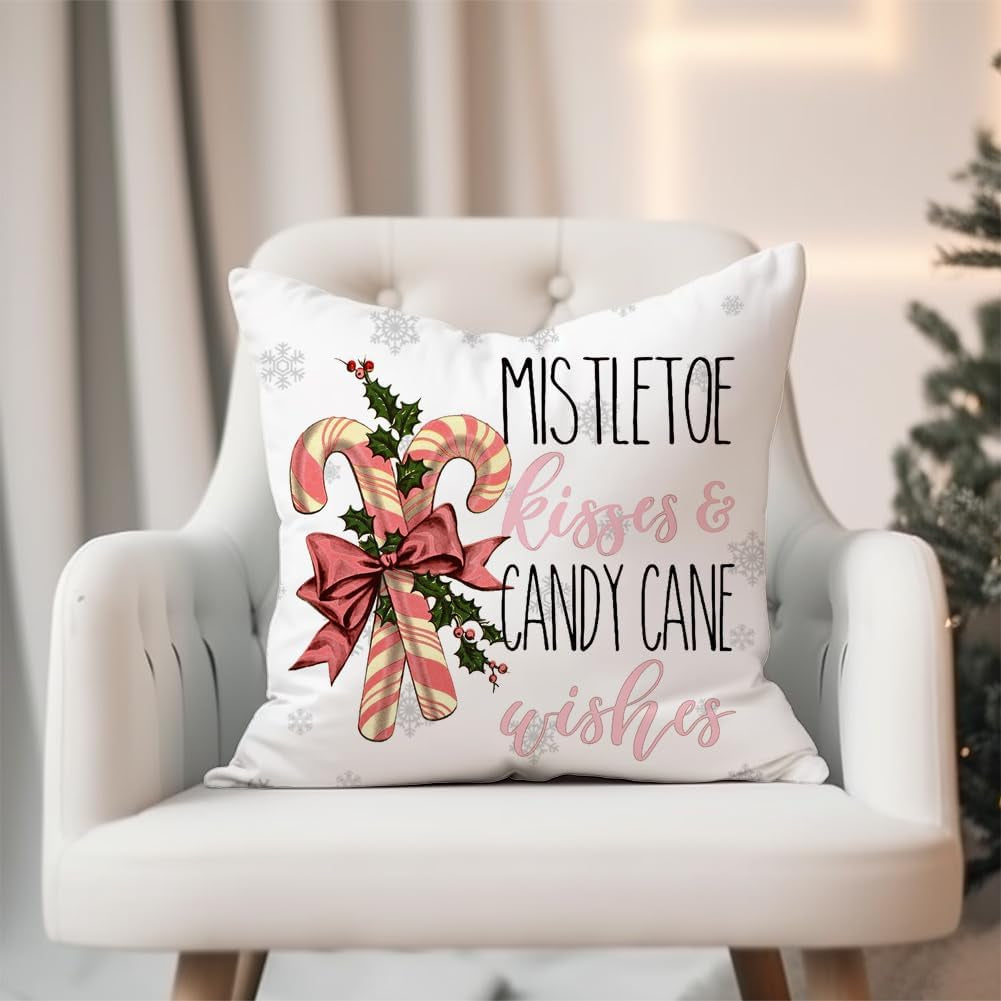 Christmas Decorations Pillow Covers 18×18 Set of 4 Snowflake Santa Snowman Deer Bird Candy Cane Xmas Rustic Winter Holiday Throw Pillows Christmas Decor Cushion Cases Polka Dots Pink-18