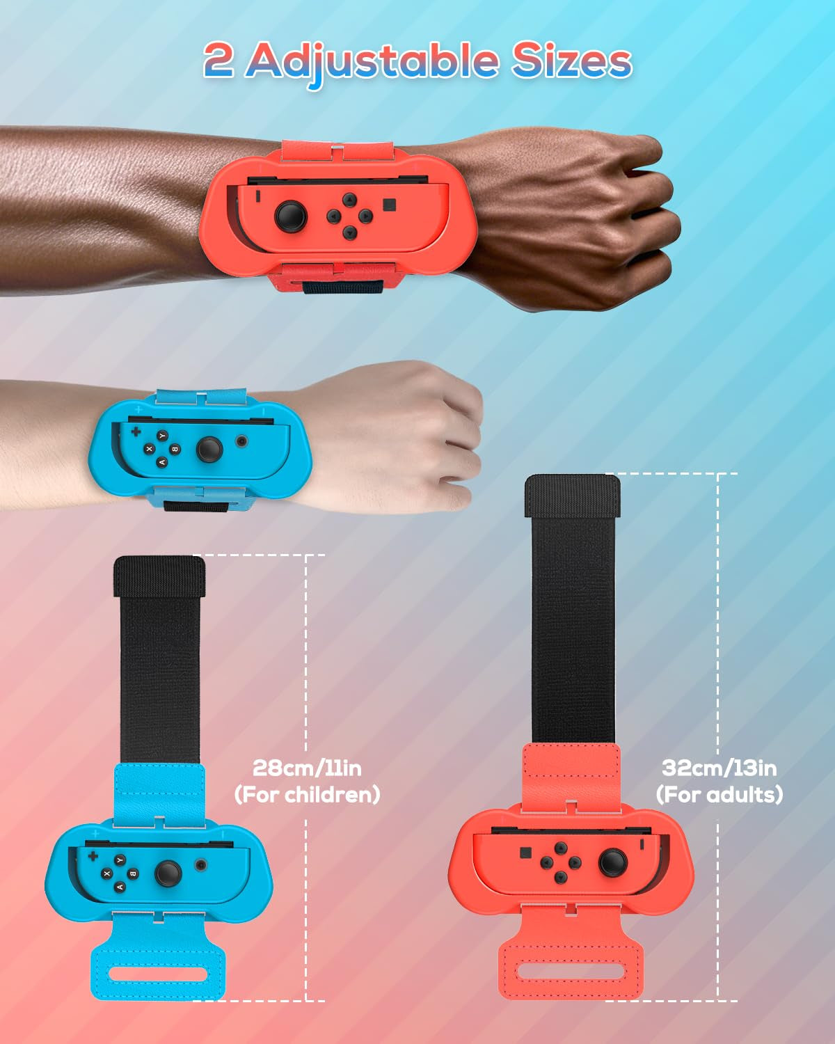 Wrist Strap Compatible with Just Dance 2025 2024 2023/For Zumba Burn It Up,Adjustable Wrist Bands for Nintendo Switch & OLED Model for Joy-Cons,Two Size for Adults & Children,2 Pack Red/Blue