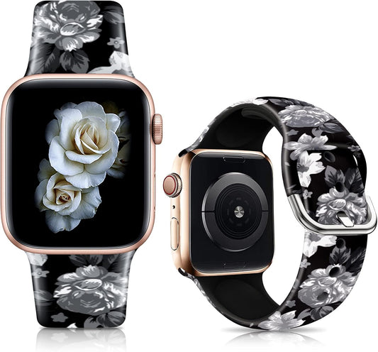 Bands Compatible with Apple Watch Band 38Mm 40Mm 41Mm 42Mm 44Mm 45Mm for Women Men Silicone Floral Pattern Printed Band Strap for Iwatch Band SE Series 7 6 5 4 3 2 1 Wristband