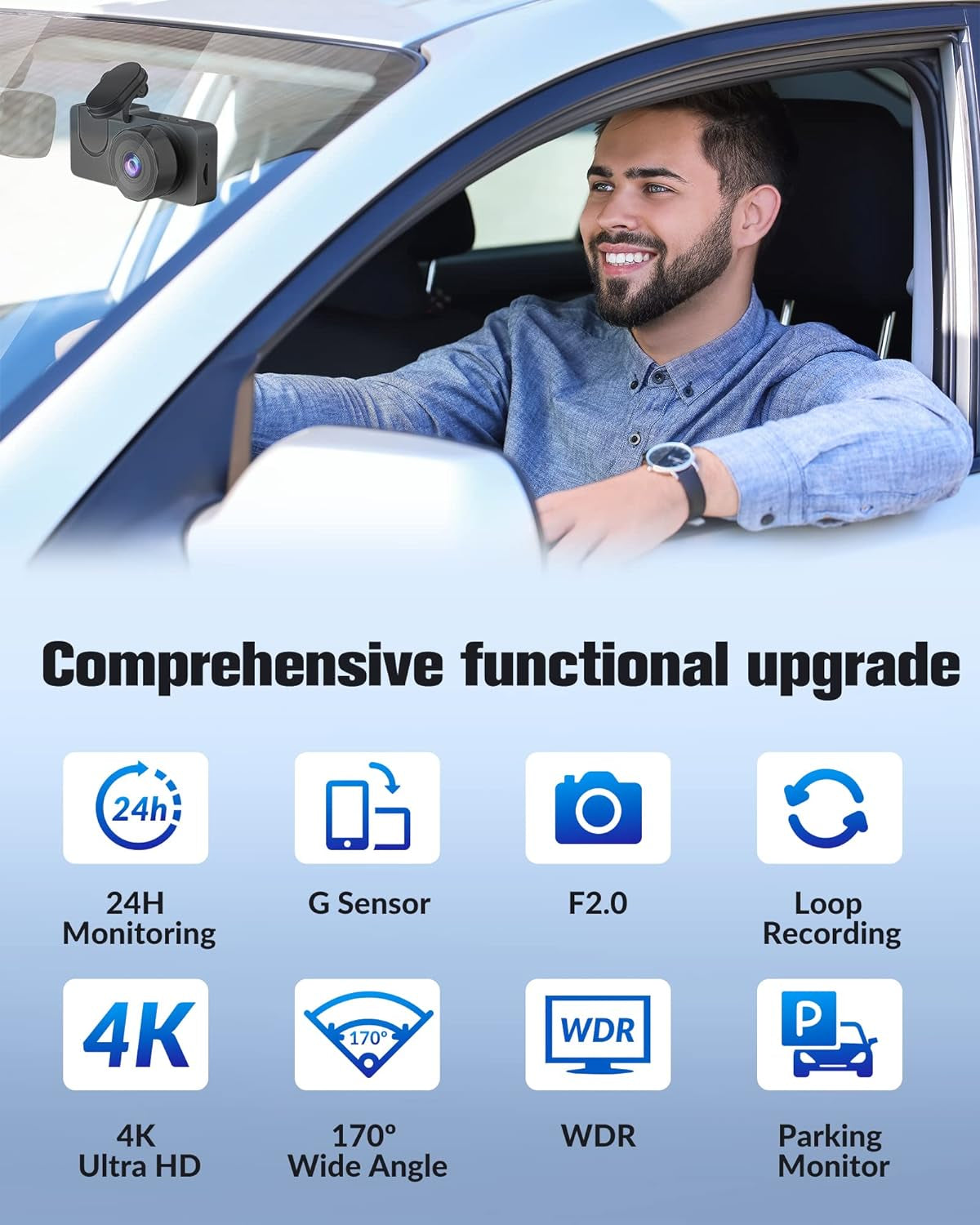 Dash Camera for Cars,4K Full UHD Car Camera Front Rear with 32GB Card,Built-In Super Night Vision,2.0'' IPS Screen,170°Wide Angle,Wdr, 24H Parking Mode, Loop Recording