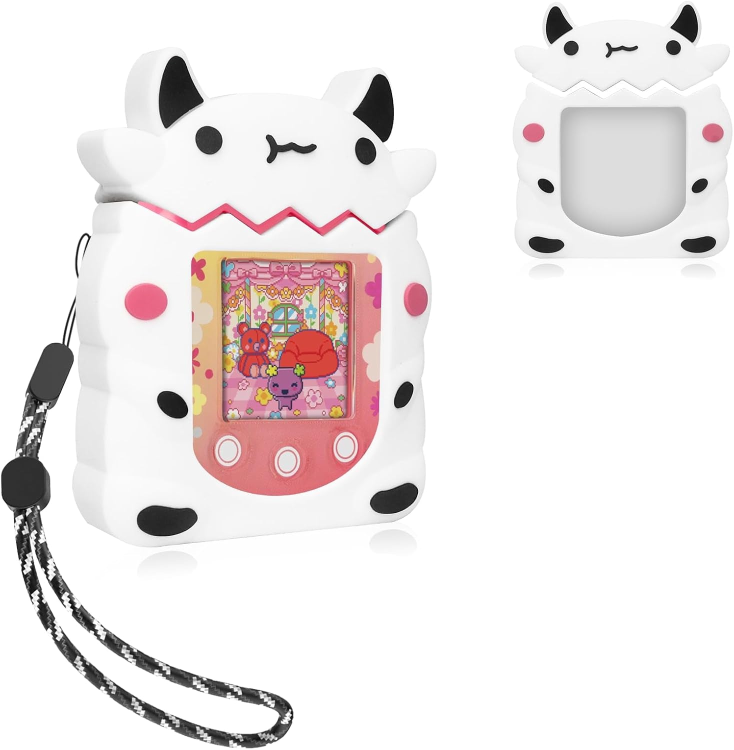 Silicone Case Compatible with Tamagotchi Pix Virtual Pet Game Machine Case, Silicone Interactive Virtual Pet Game Machine Cute Cartoon Cow Protectoive Cover with Lanyard Accessories (White) ZOUSA