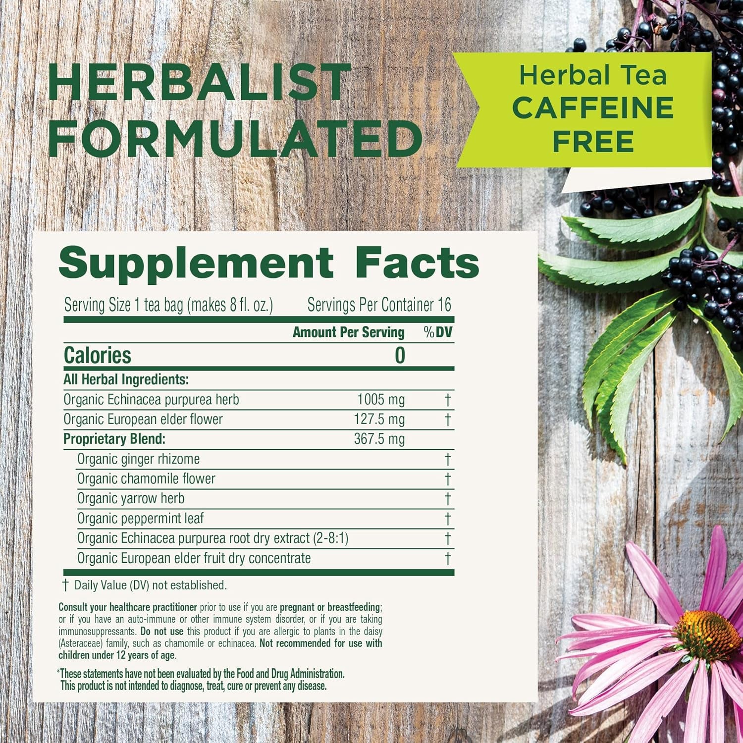 Tea, Organic Echinacea plus Elderberry, Boosts the Immune System, 16 Tea Bags TLBH
