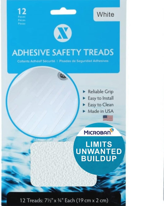 Adhesive Non-Slip Safety Treads for Bathtubs, Showers, Pools, Boats, Stairs & More (12 Pieces, Reliable Grip, 7.5 X .75 Inch, White)