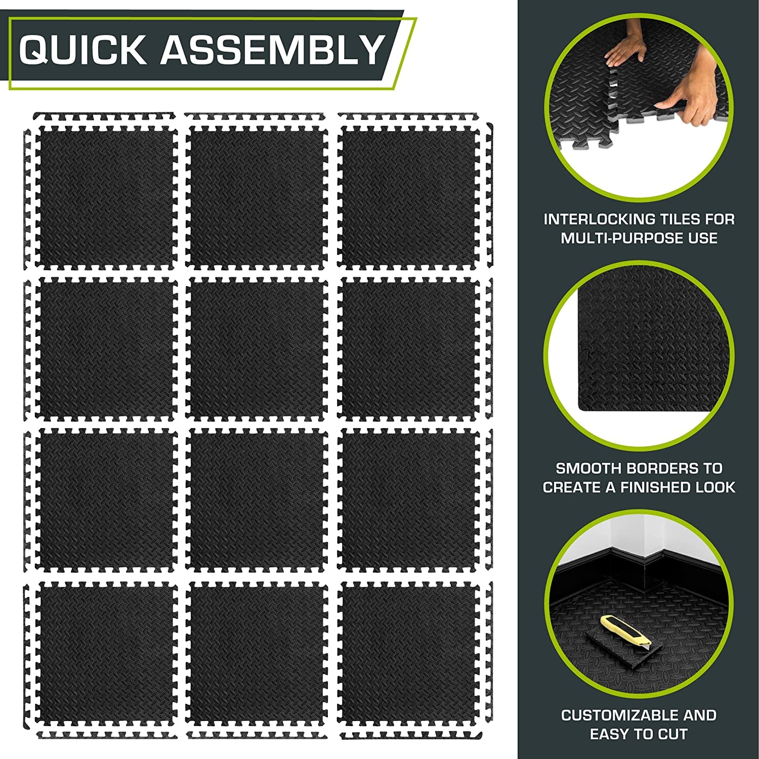 Puzzle Exercise Mat ½ In, EVA Interlocking Foam Floor Tiles for Home Gym, Mat for Home Workout Equipment, Floor Padding for Kids, Black, 24 in X 24 in X ½ In, 48 Sq Ft - 12 Tiles