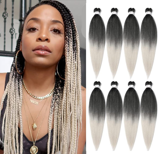 Pre Stretched Braiding Hair Grey 24 Inch 8 Packs White Braiding Hair Pre Stretched Yaki Texture, Hot Water Setting, Easy to Install Professional Synthetic Ombre Braiding Hair(24In,1B/Silver)