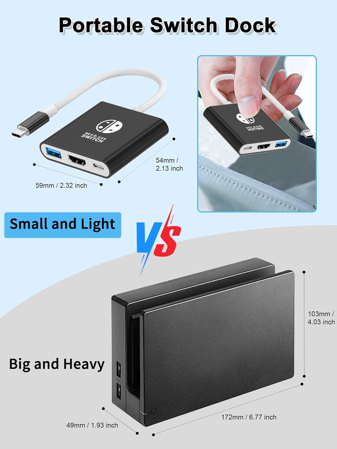 Switch Dock for Nintendo Switch & OLED, Switch Docking Station for TV, Nintendo Switch Base Accessories, Portable Switch Travel Dock, USB C to HDMI Adapter for Steam Deck/Macbook/Laptop, Black