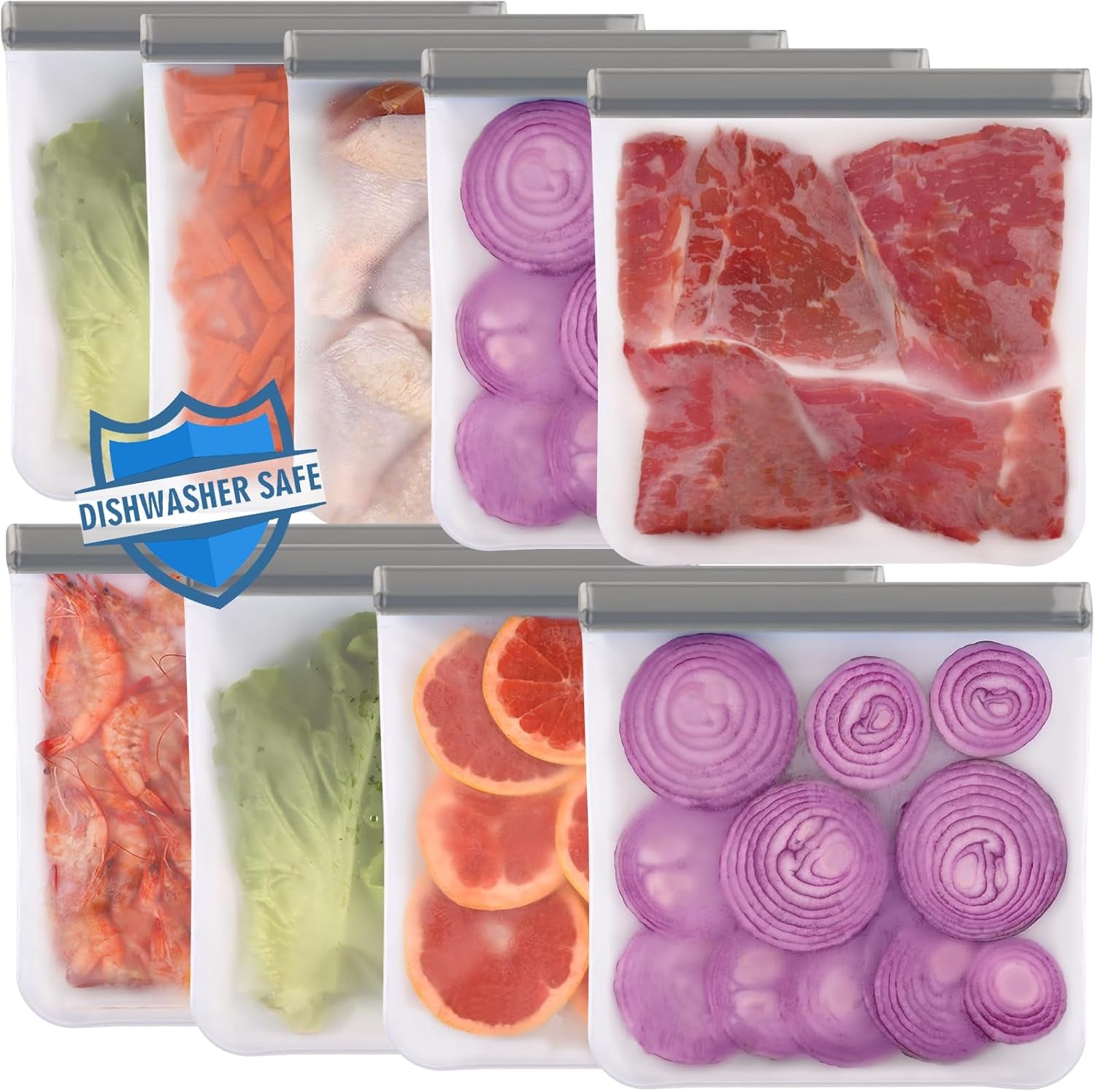 6 Pack Reusable Gallon Freezer Bags Dishwasher Safe, BPA Free Reusable 1 Gallon Bags Silicone, Leakproof Reusable Storage Bags for Marinate Meats, Cereal, Vegetables, Home Organization(Grey)