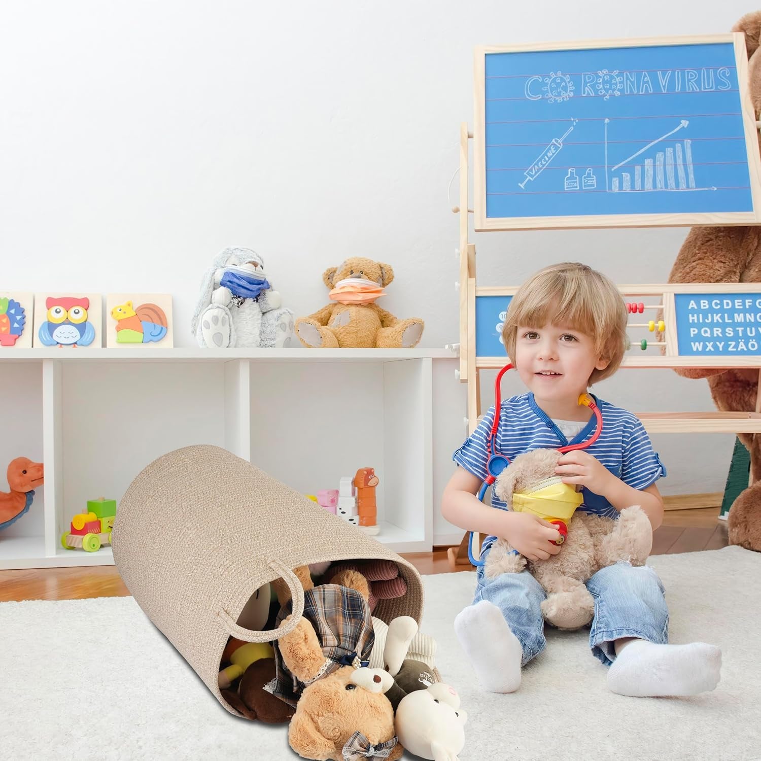 Cotton Rope Laundry Basket Hamper for Clothes Woven Storage Basket for Living Room Bedroom Boho Tall Rope Baskets for Blanket Toys Pillow Towels Baby Nursery Hamper Bin Large Oatmeal