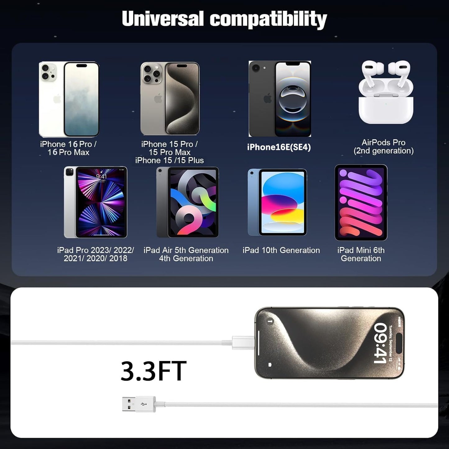 Iphone 16E Car Carplay Cable for Iphone 16E(SE4) 15/16 15/16 Pro Max 15/16 plus Car Accessories Cable, USB a to USB C for Ipad 10Th Gen Ipad Pro Ipad Air 5Th 4Th Mini 6Th Charger Replacement (3.3 FT)