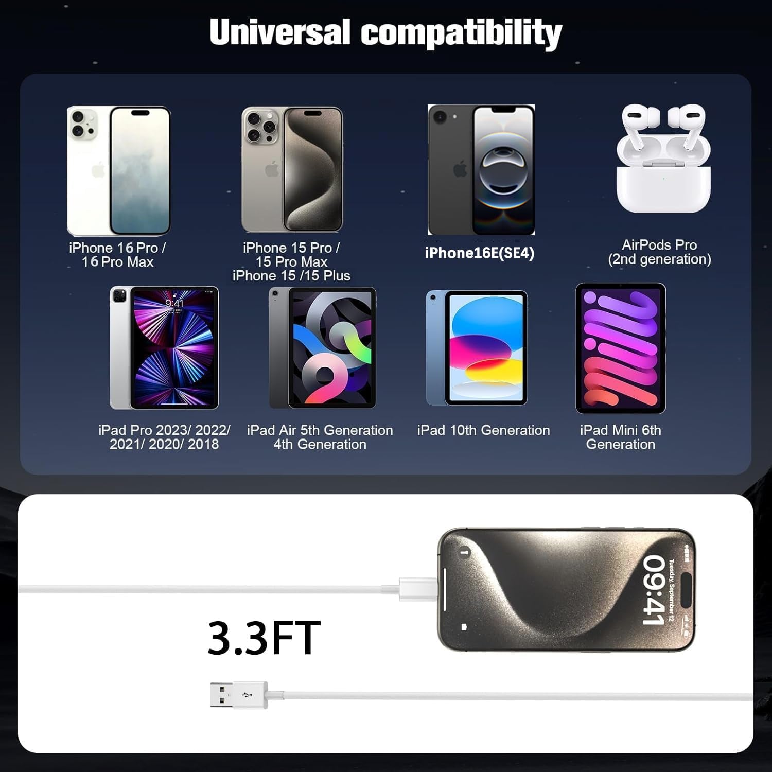 Iphone 16E Car Carplay Cable for Iphone 16E(SE4) 15/16 15/16 Pro Max 15/16 plus Car Accessories Cable, USB a to USB C for Ipad 10Th Gen Ipad Pro Ipad Air 5Th 4Th Mini 6Th Charger Replacement (3.3 FT)