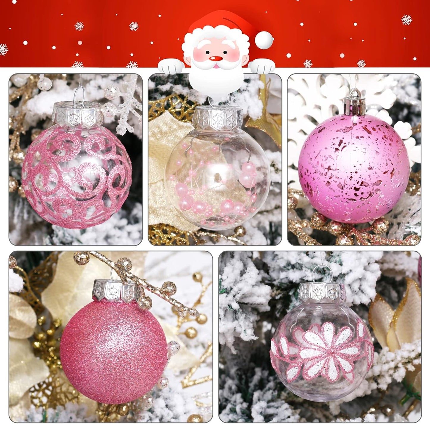 Clear Christmas Ornaments Set, 30Ct 2.36Inch Pink Clear Xmas Baubles for Christmas Tree Ornaments and Decorations Shatterproof Christmas Hanging Balls with Stuffed Decoration for Xmas Wedding Party