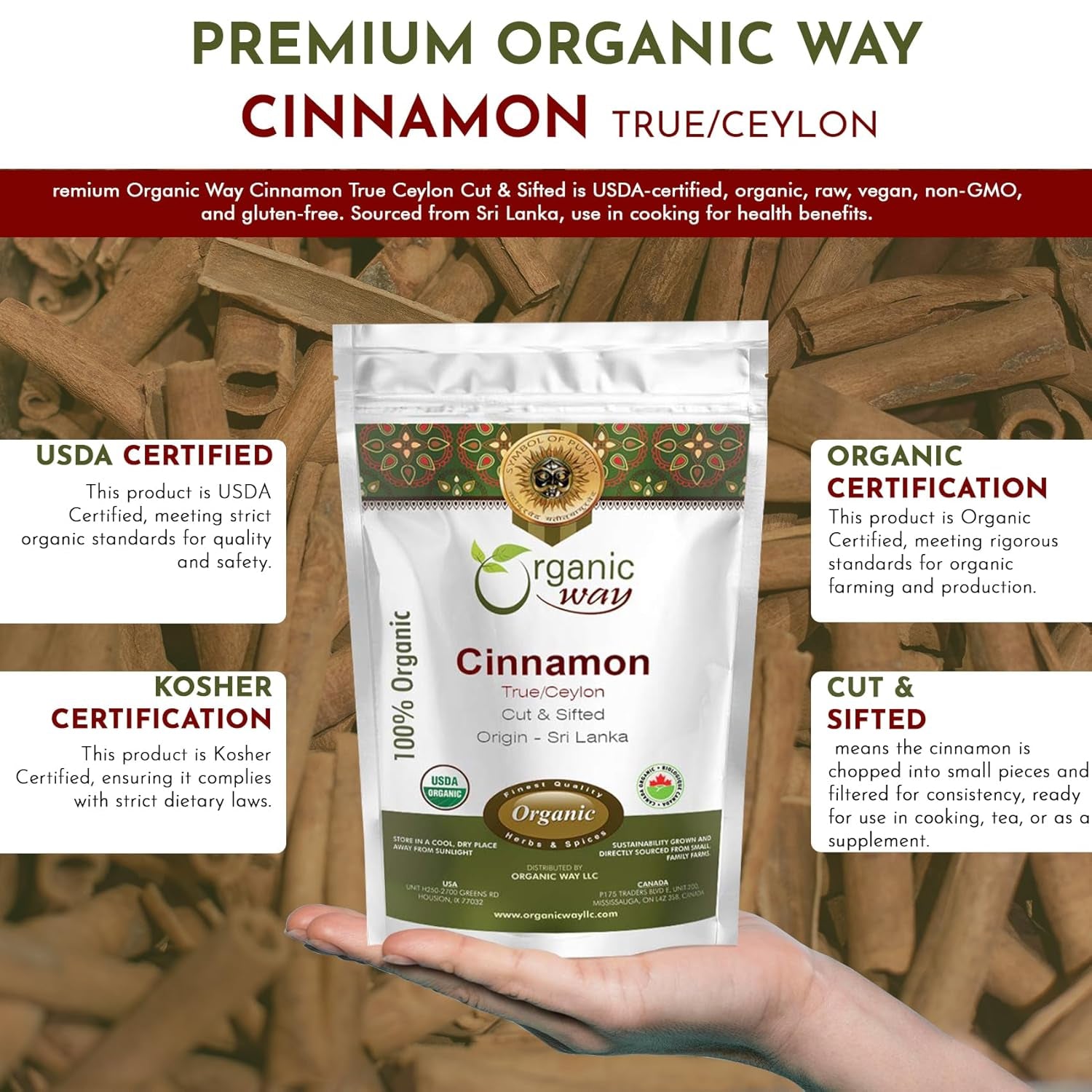 Premium True Ceylon Cinnamon Cut & Sifted (Cinnamomum Verum) - Adds Flavour | Raw, Non GMO & Gluten Free | USDA Certified | Origin - Sri Lanka (1 LBS / 16OZ) TLBH