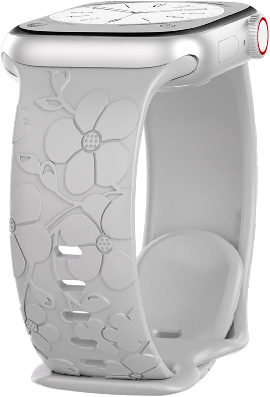Floral Engraved Band for Apple Watch Band 38Mm 40Mm 41Mm 42Mm 44Mm 45Mm 49Mm Women,Soft Silicone Cute Embossed Flowers Bands for Iwatch Series 9/8/7/SE/6/5/4/3/2/1/ Ultra