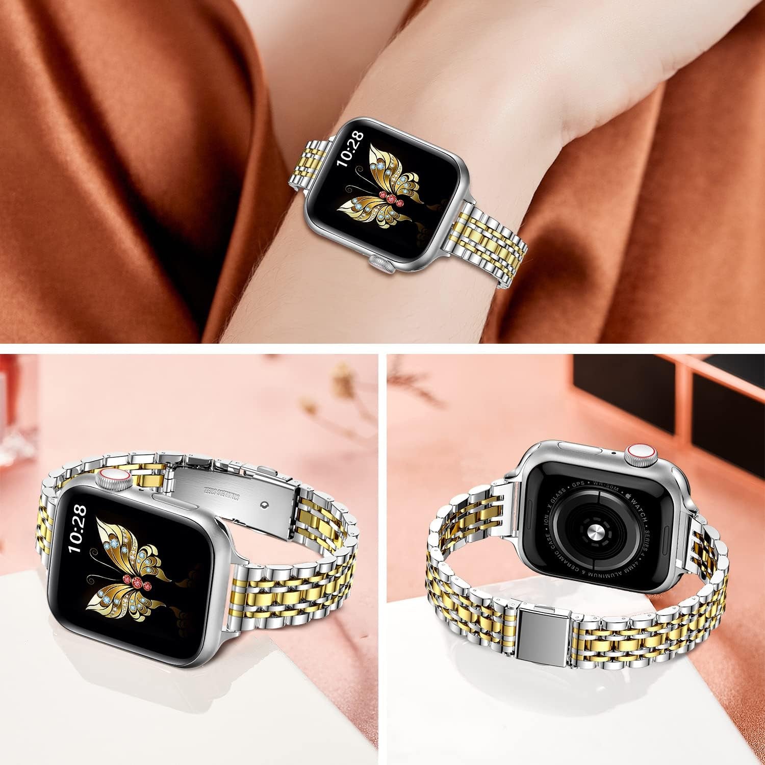 Slim Metal Band Compatible with Apple Watch Band 41Mm 40Mm 38,Mm,Dressy Stainless Steel Chain Strap for Women Iwatch Bands Series 9 8 7 6 5 4 3 2 1 Se,Silver/Gold
