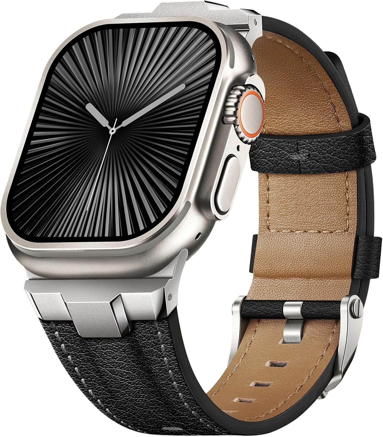 Leather Bands Compatible for Apple Watch Ultra Band 49Mm 46Mm 45Mm 44Mm 42Mm, Genuine Leather Rugged Durable Matel Connector Replacement Strap for Women Men Iwatch Ultra 10 9 8 7 6 5 4 3 SE