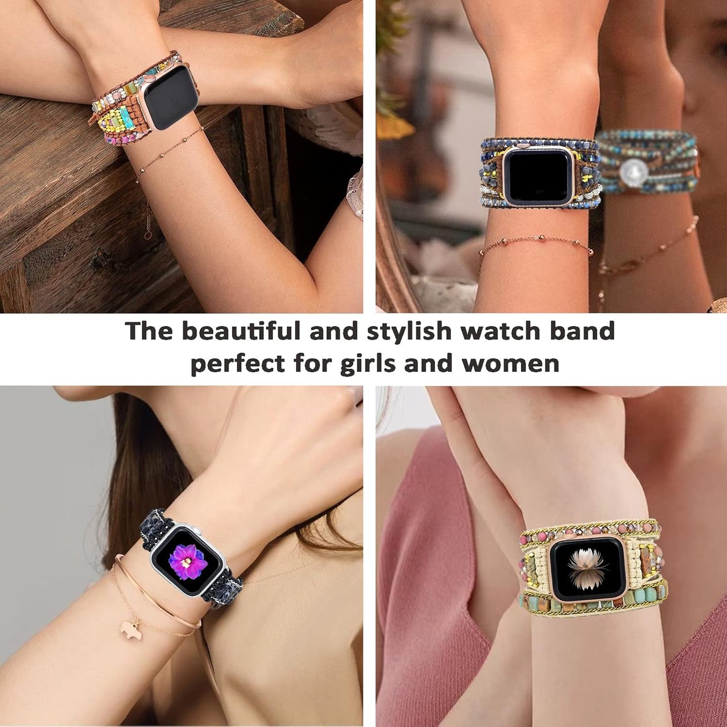 Beaded Handmade Boho Bracelet Bands Compatible with Apple Watch Band 38Mm/40Mm/41Mm,Jewelry Agate Natural Stone Wristband Straps for Women Iwatch Series 9 8 7 6 5 4 3 2 1 SE Se2(Blue Agate)