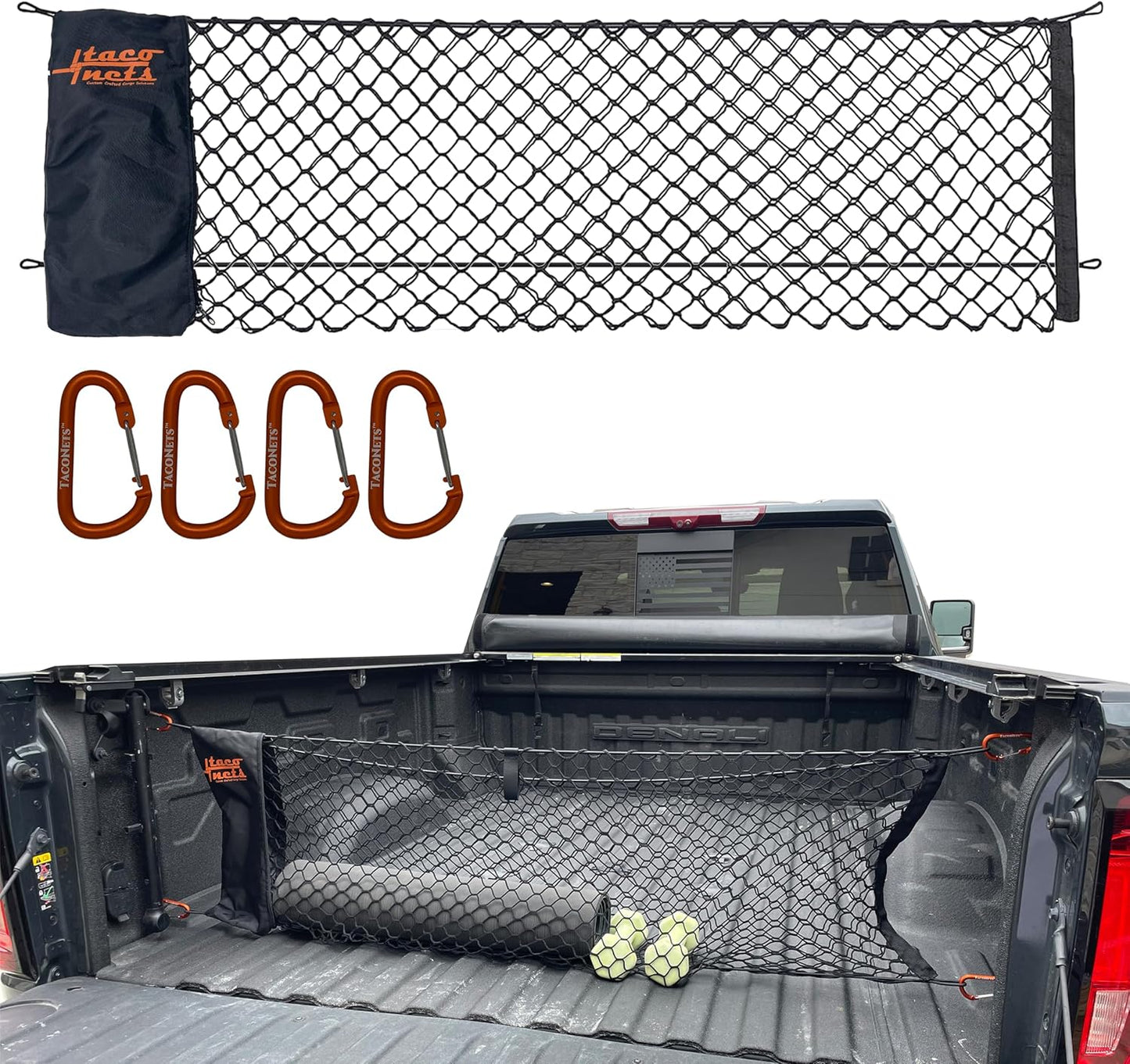 GMC Sierra & Chevy Silverado Envelope Style Truck Bed Cargo Net - Fits 2013-2024 - Upgraded 5Mm Bungee - Free Storage Bag - Heavy Duty Carabiners - Designed in USA - 18" X 50"
