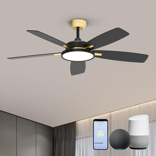 Ceiling Fans with Lights,Ultra Silent 52 Inch Smart Ceiling Fans with Dimmable LED Light Compatible with Google Home Alexa App Control(Black Gold