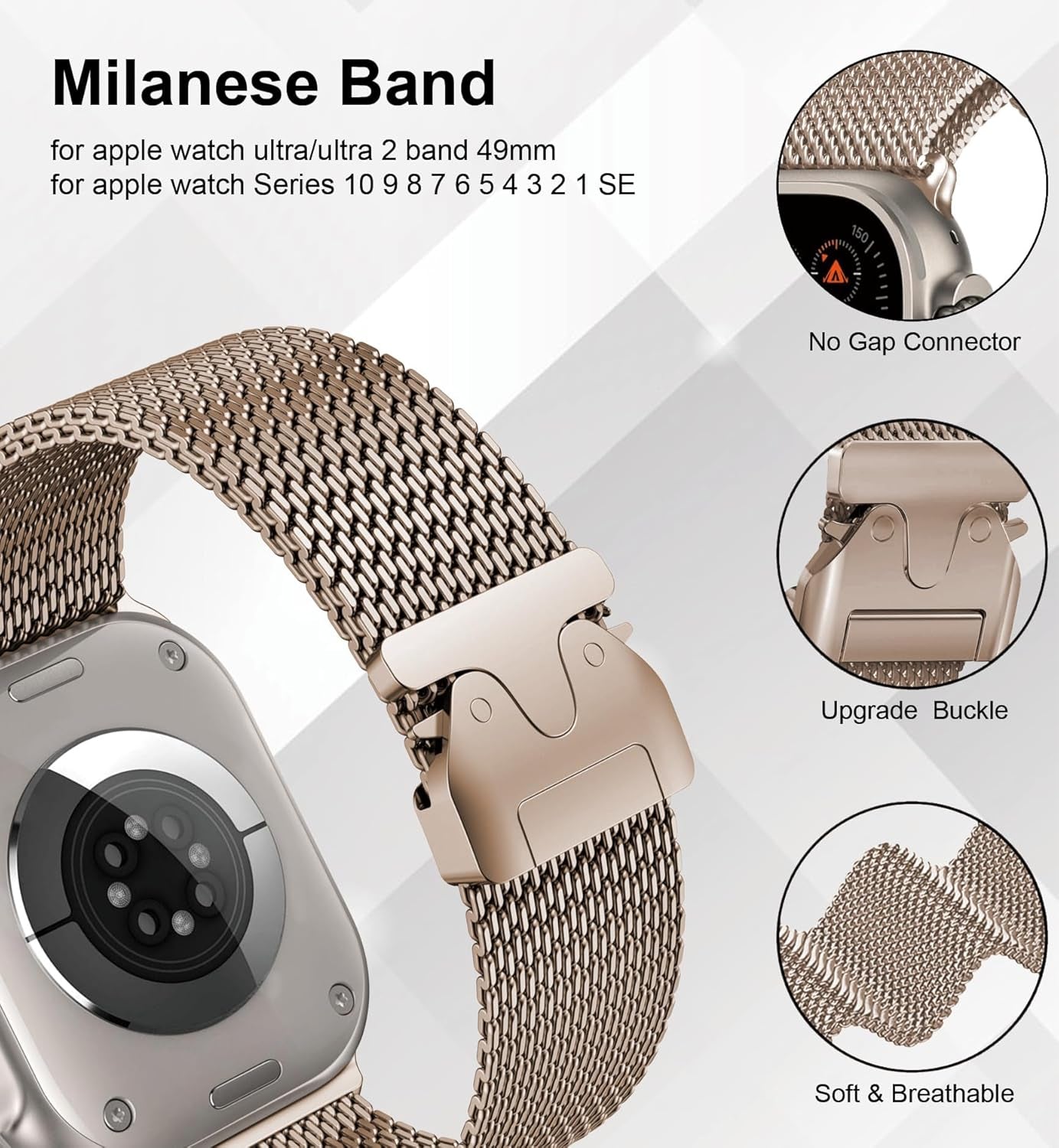 Milanese Mesh Loop Compatible for Apple Watch Ultra 2 Band 49Mm 46Mm 45Mm 44Mm Men Women, Breathable Replacement Band with Adjustable Parachute-Style Buckle for Iwatch Se/Series 10/9/8/7/6/5/4,Ultra/2