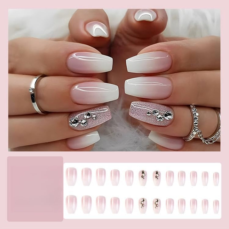 Press on Nails Medium Coffin Nude Natural Rhinestone Gradient Pink Glitter Fake Nails Acrylic False Nail Tips Kit Glue on Nails for Women