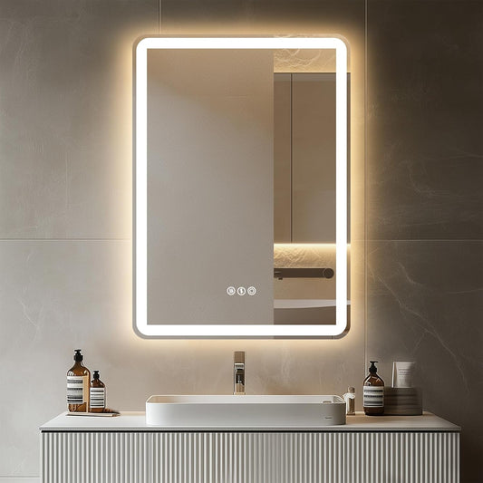 28"X 20" LED Bathroom Mirror with Stepless Dimmable, Backlight Wall Mirrors with Anti-Fog Bathroom Digital Mirror for Wall, 3 Color Modes, Memory Function Smart Mirror
