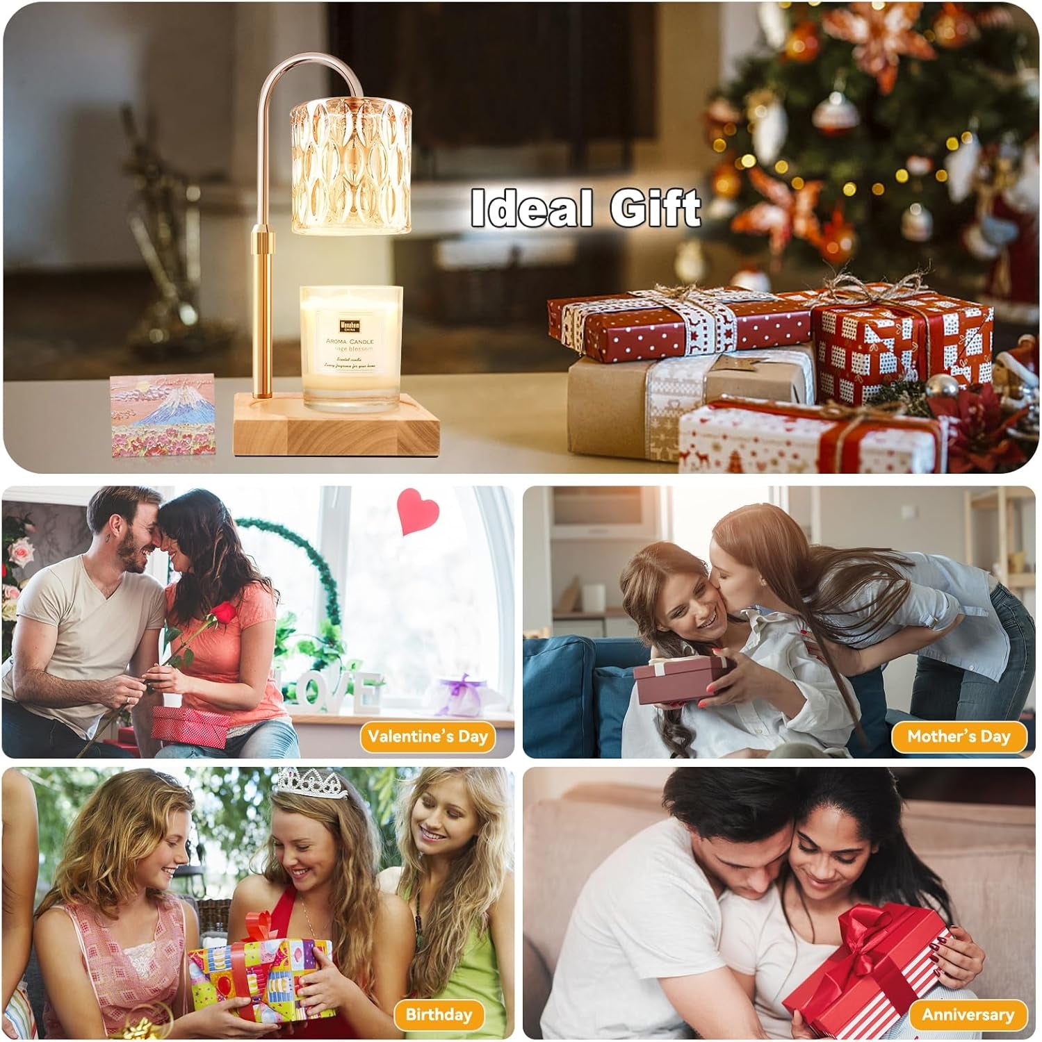 Candle Warmer Lamp with 3 Bulbs, Adjustable Height Dimmable Candle Warmer with Timer, Compatible with Large Jar Candles, Candle Lamp with Charming Gift Box Ribbon for Her/Him(Natural Wood)