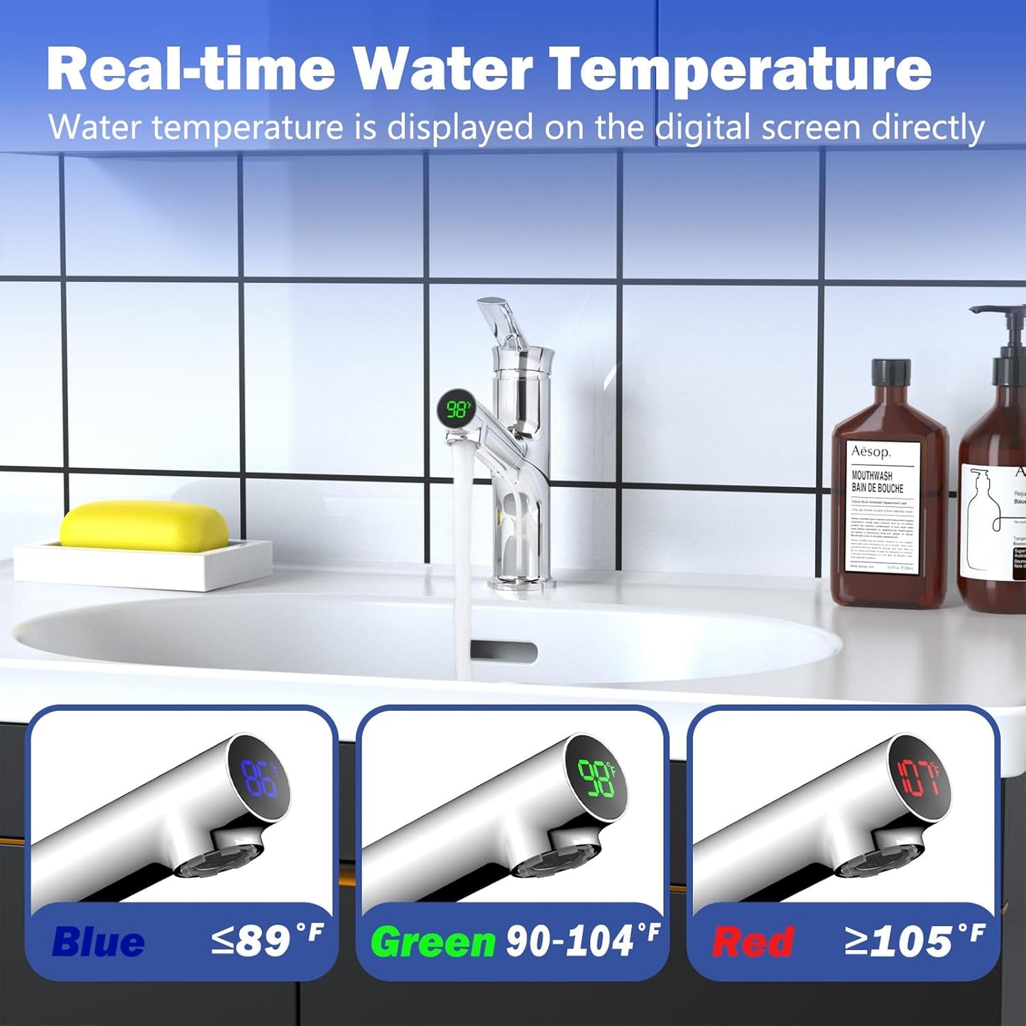 Bathroom Sink Faucet with Pull Out Sprayer, Temperature Digital Display Basin Faucets for 1 Hole Single Handle Lavatory Vanity Faucet Rv Single Hole Bath Faucet, Chrome