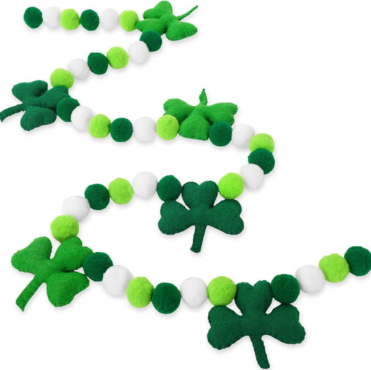 8.2Ft St. Patrick'S Day Felt Pom Pom Banner Lucky Shamrock Garland Green White Pom Ball Clover Decorative Irish Hanging Bunting Garland for St. Patrick'S Day Home Mantel Wall Decor