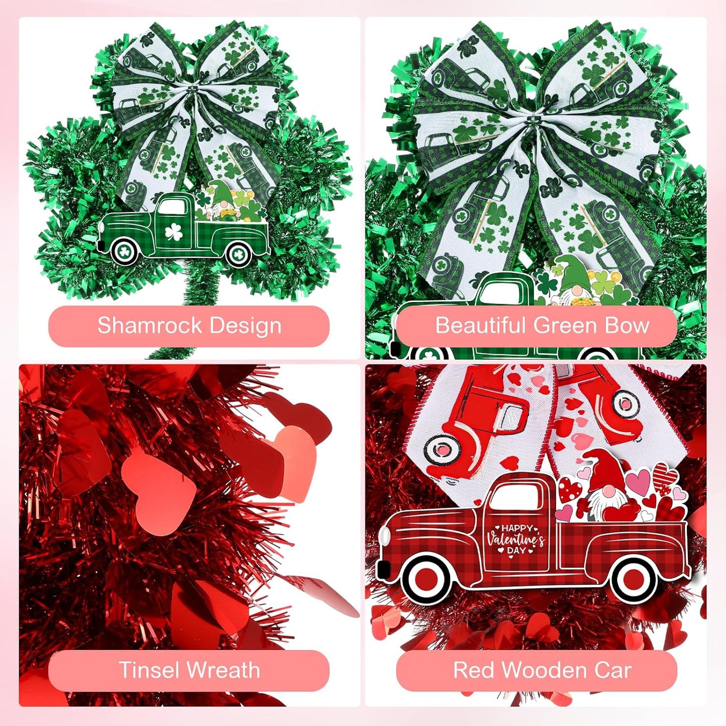 2 Pcs Valentine'S Day Heart Wreaths Decorations St. Patrick'S Lucky Shamrocks Door Wreath Heart Shaped Irish Clover Decor with Wooden Truck and Bow for Valentines Irish Front Door Wall Decor