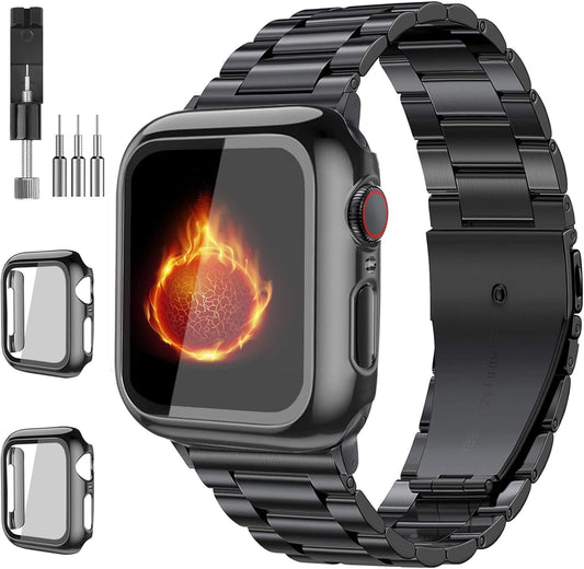 Compatible with Apple Watch Band 49Mm 44Mm 45Mm 42Mm 40Mm 38Mm 41Mm, Stainless Steel Metal XL Large Iwatch Bands with 2 Pack Tempered Glass Screen Case for Series 9 Ultra 2 8/7/6/5/4/3/2/1/SE for Men