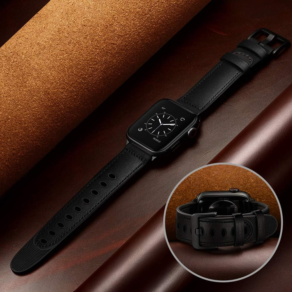 Compatible with Apple Watch Band 41Mm 40Mm 38Mm, Sweatproof Genuine Leather and Rubber Hybrid Band Strap Compatible with Iwatch Series 9 8 7 6 5 4 3 2 1 SE, Black Band with Black Adapter 2.0