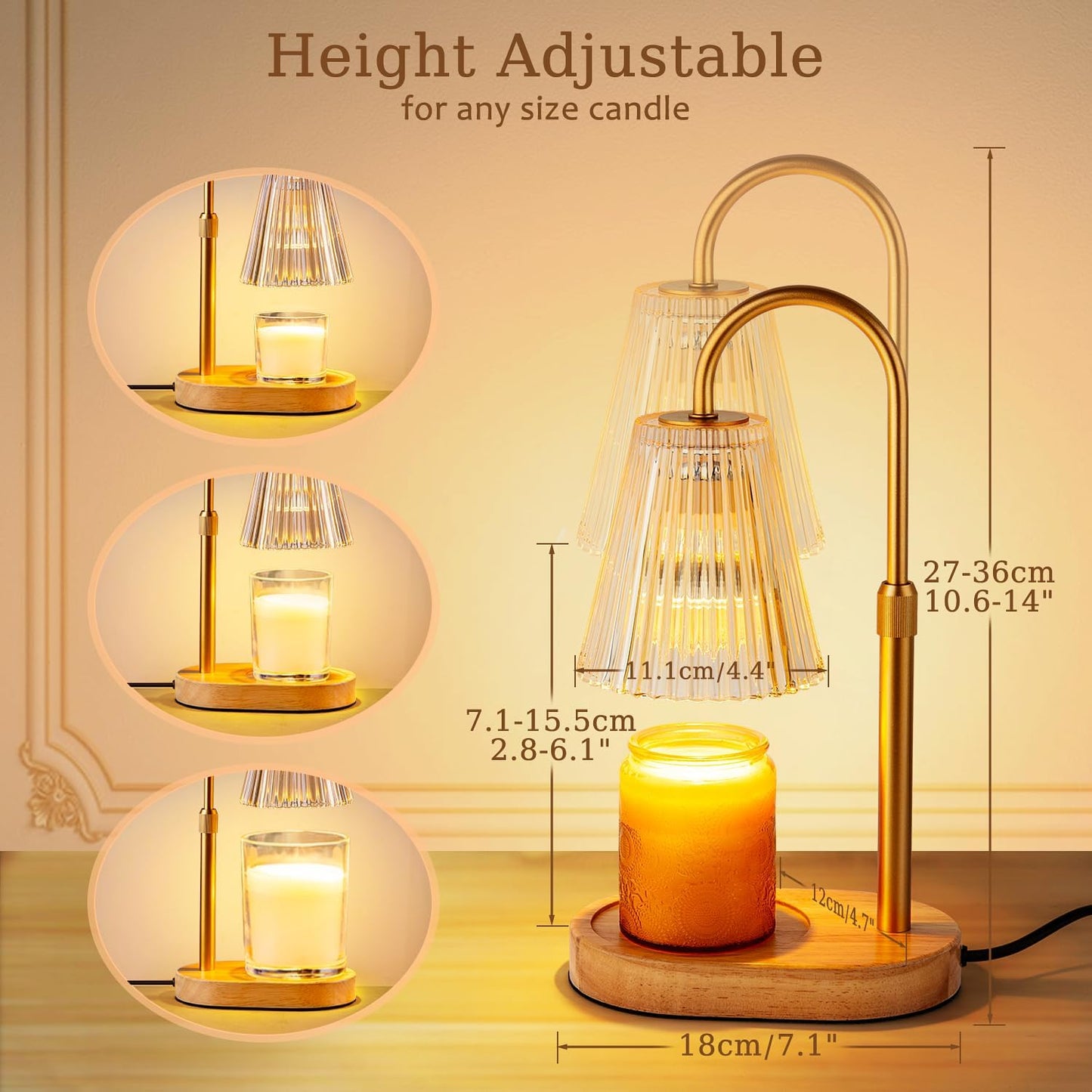 Candle Warmer Lamp with Timer: Electric Candles Wax Warmers Glass Lamps for Jar Candles Burner Adjustable Height and Dimmable Light Modern No Flame Scented Candle Warming Lantern, Amber