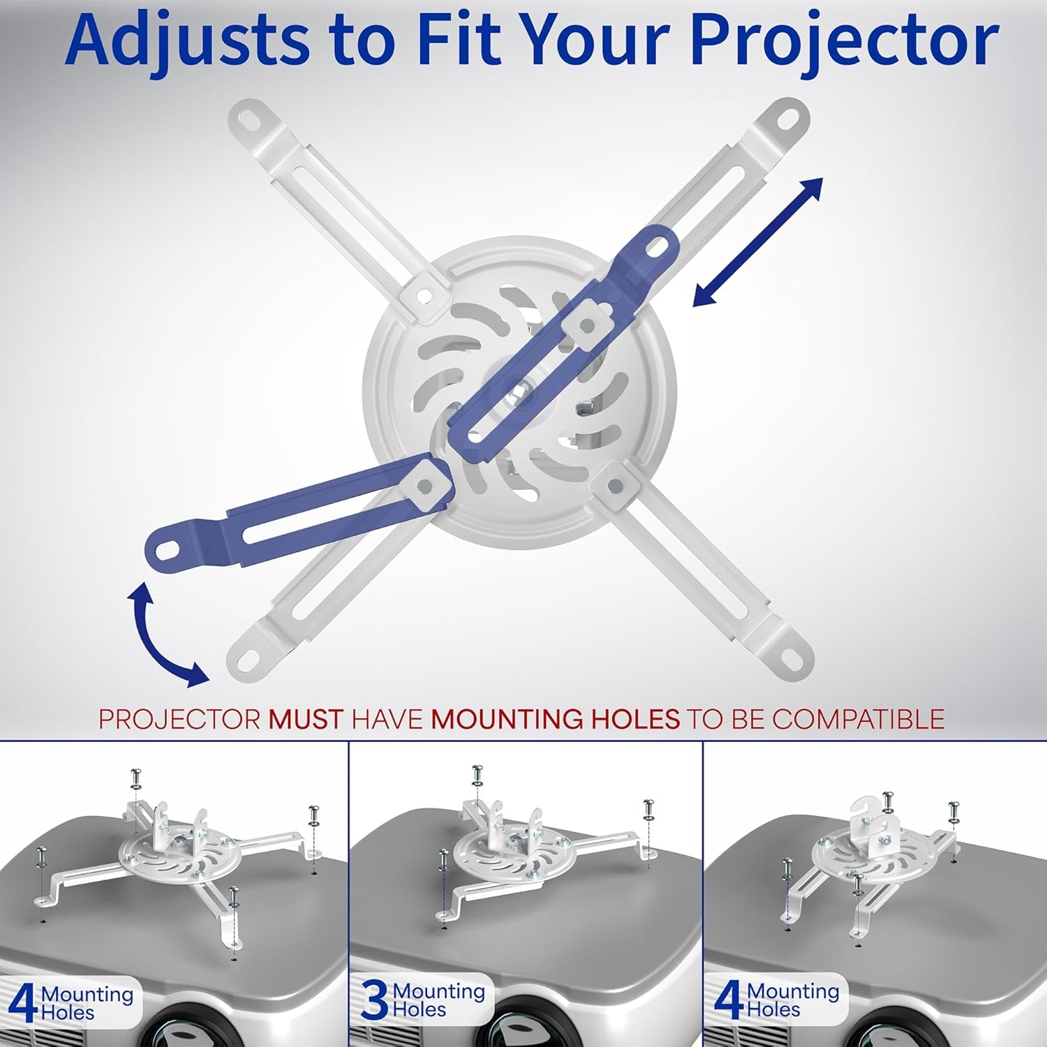 Universal Adjustable Ceiling Projector Mount for Regular and Mini Projectors with Extending Arms, White, MOUNT-VP01W