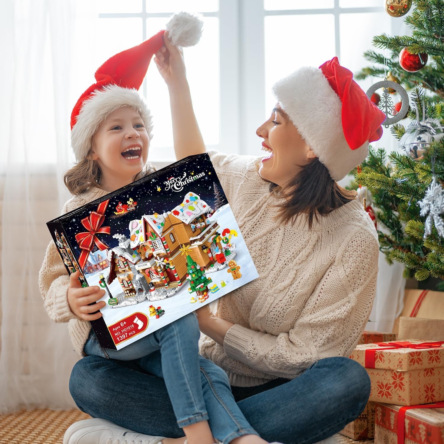 3 Style Christmas Gingerbread House Building Set with LED Light - 2024 Snowscape Village House Building Block Toy with Santa Claus Xmas Tree Train Gifts for Adults Kids Girls Boys Ages 8+ (1397 PCS)