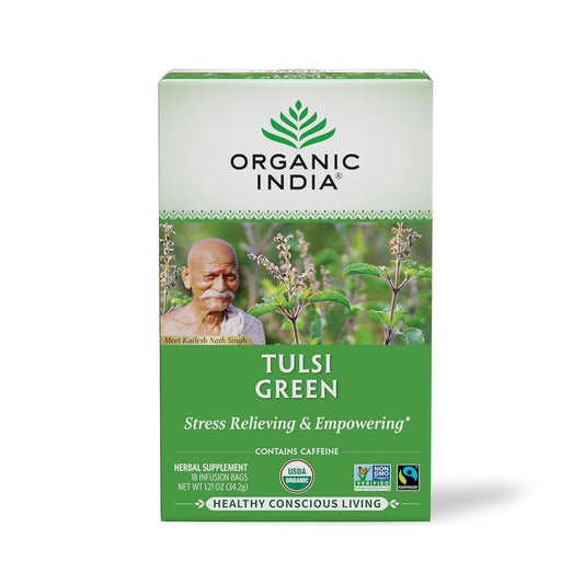Tulsi Green Tea Bags - Holy Basil Tea, African Basil, Stress Relieving, Immune Support, USDA Certified Organic, Premium Darjeeling Green Tea, Caffeinated - 18 Infusion Bags, 1 Pack TLBH