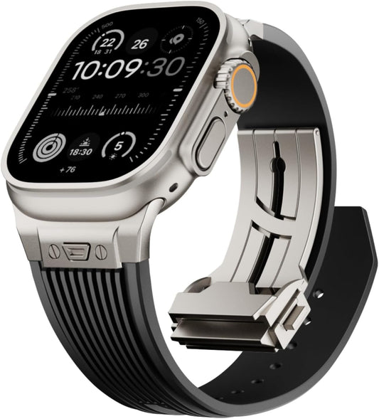 Watch Band for Apple Watch Ultra 2 Band 49Mm 45Mm 44Mm 42Mm, Men Luxury Rugged Silicone Rubber Strap with Metal Connector & Folding Clasp for Iwatch Ultra Series 9 8 7 6 5 4 3 2 1 SE