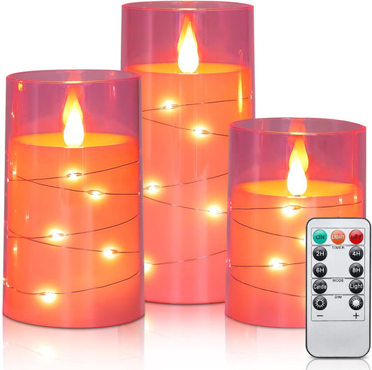 Flickering Flameless Candles Battery Operated Candles LED Candles with Remote Timer for Home/Wedding/Birthday/Holiday Decor, Cherry Blossom Pink 3D Flame Set of 3 (D3 Xh4 5" 6")