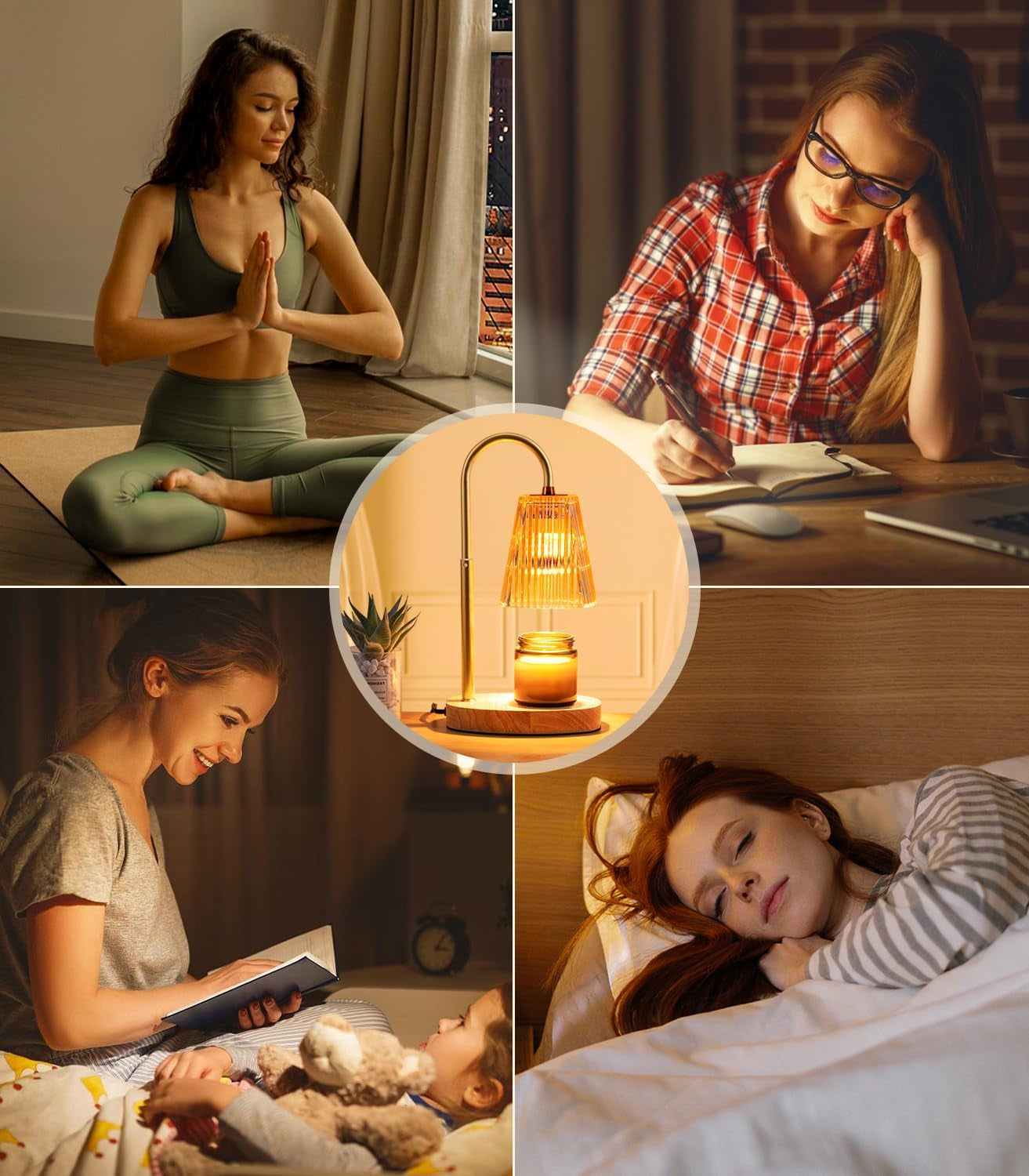 Candle Warmer Lamp - Dimmable Wax Melt Warmer with Amber Lampshade and 2 Bulbs for House Warming, Bedroom Decor