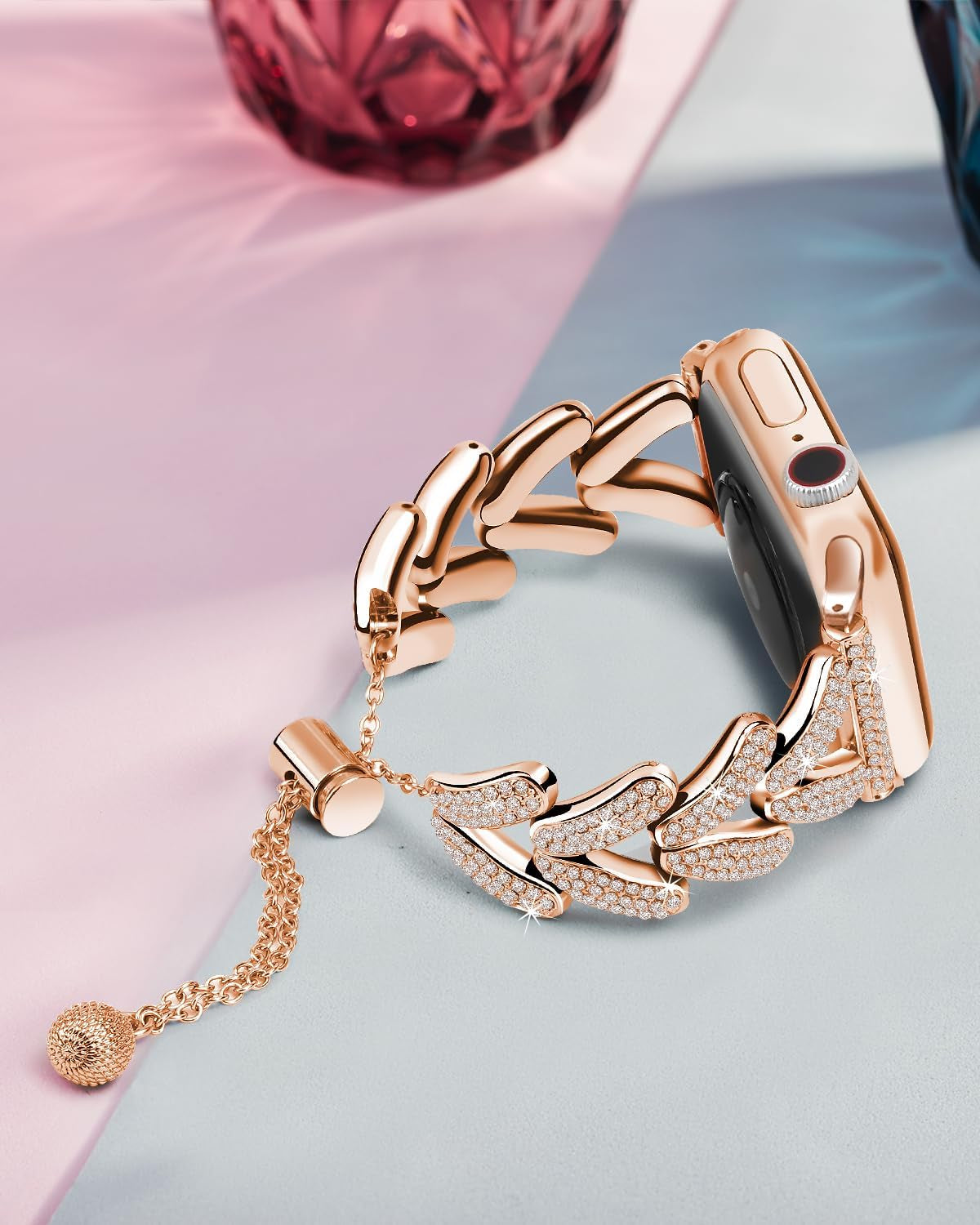 Compatible with Apple Watch Band 44Mm Women Bling Diamond Jewelry Metal Strap, V-Shape Shiny Bracelet Stainless Steel Wristband for Iwatch 42Mm 45Mm 49Mm Series 8/7/6/5/4/3/2/1/SE Rose Gold