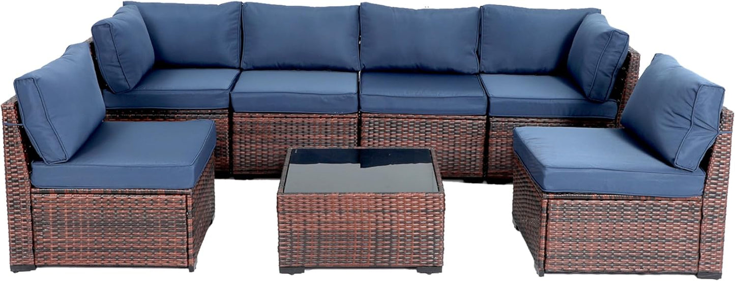 7 Piece Outdoor Furniture Set, PE Rattan Patio Conversation Set, Outdoor Sectional Furniture Sofa Set with Thick Cushions and Coffee Table, Navy Blue