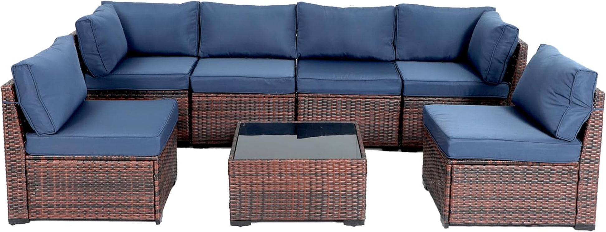 7 Piece Outdoor Furniture Set, PE Rattan Patio Conversation Set, Outdoor Sectional Furniture Sofa Set with Thick Cushions and Coffee Table, Navy Blue